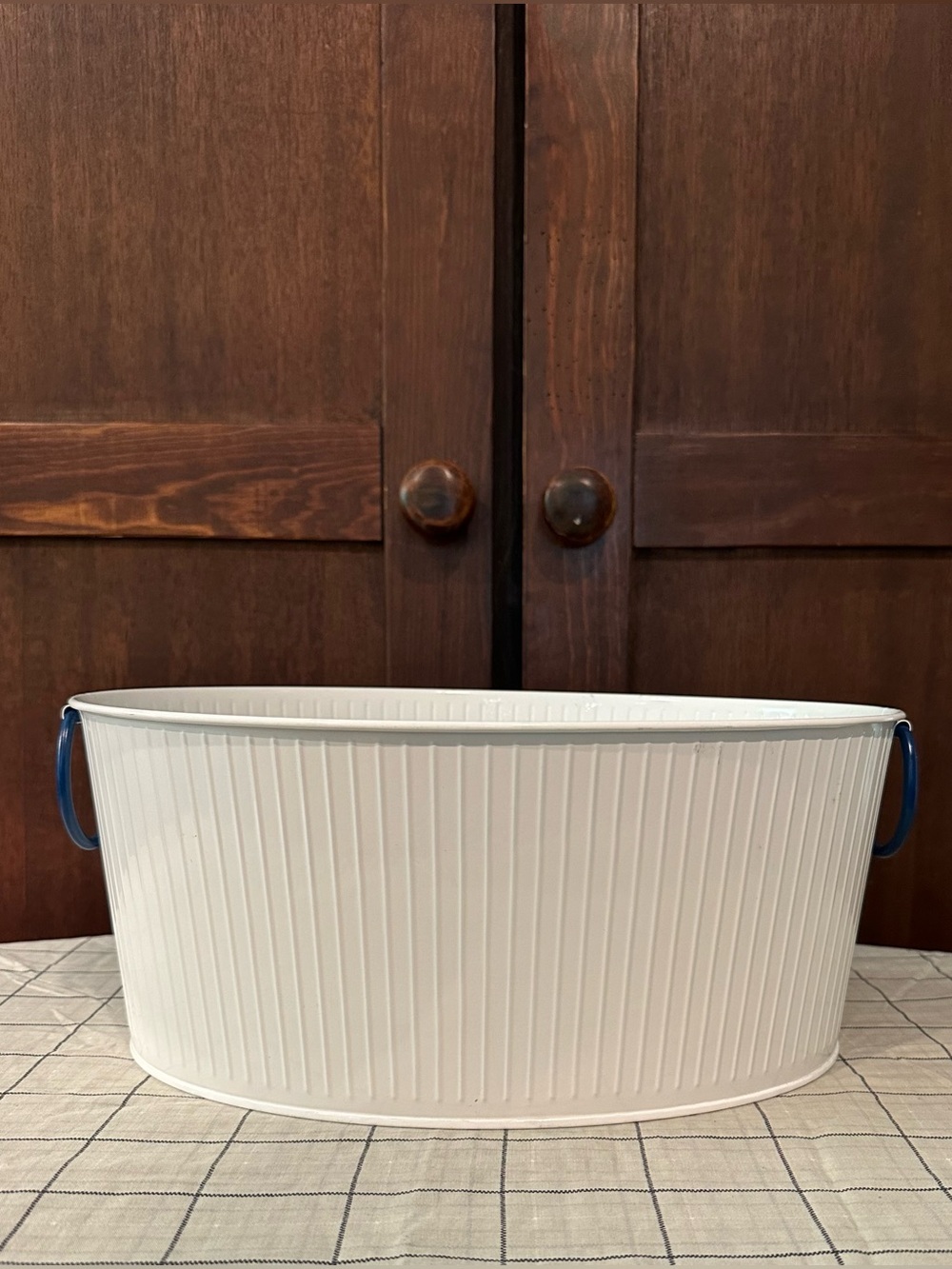 Galvanized • white bucket • Navy blue handles